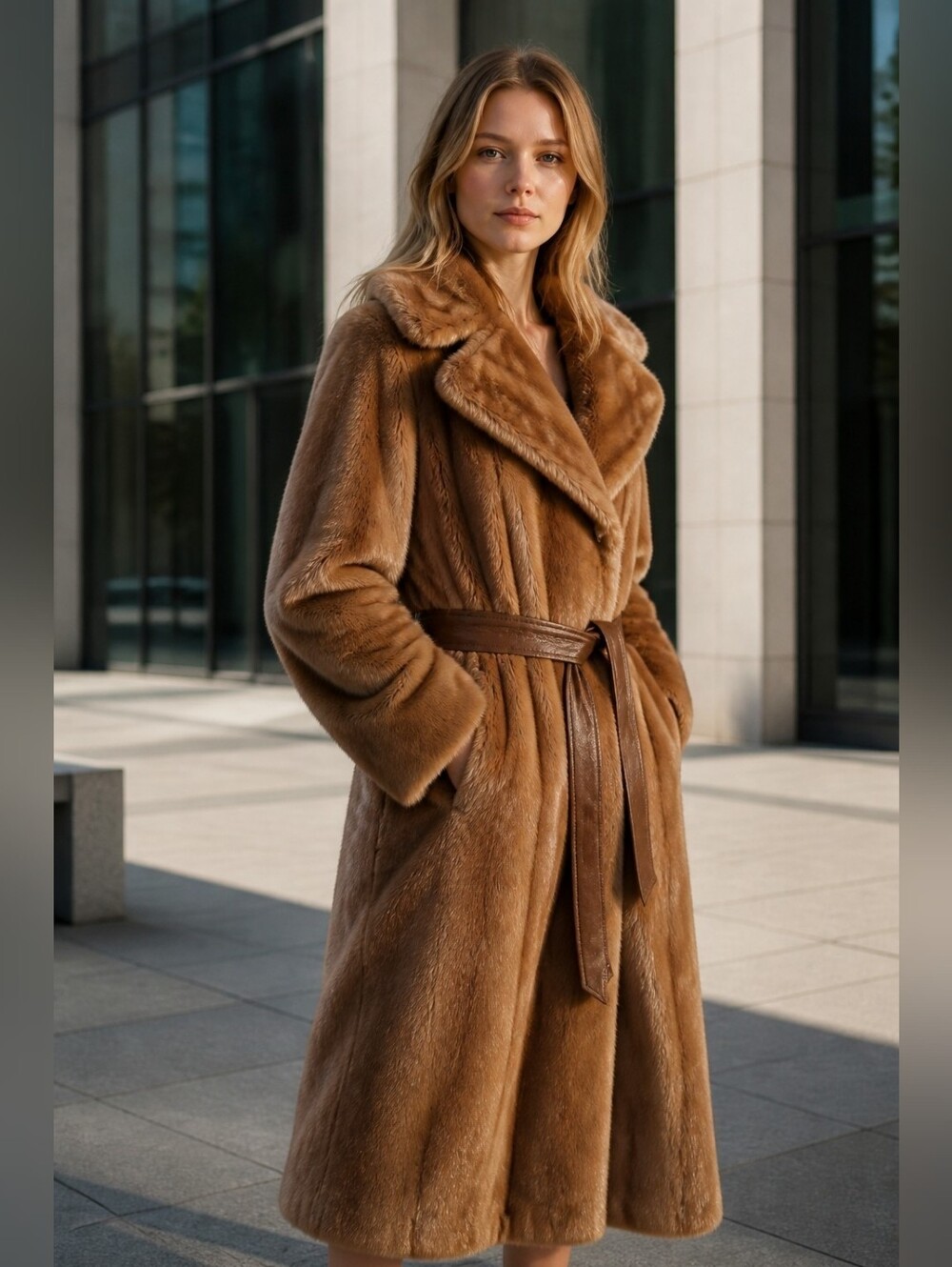 Tissavel of France Camel Brown Faux-Fur Trench Coat with Belt 1071
